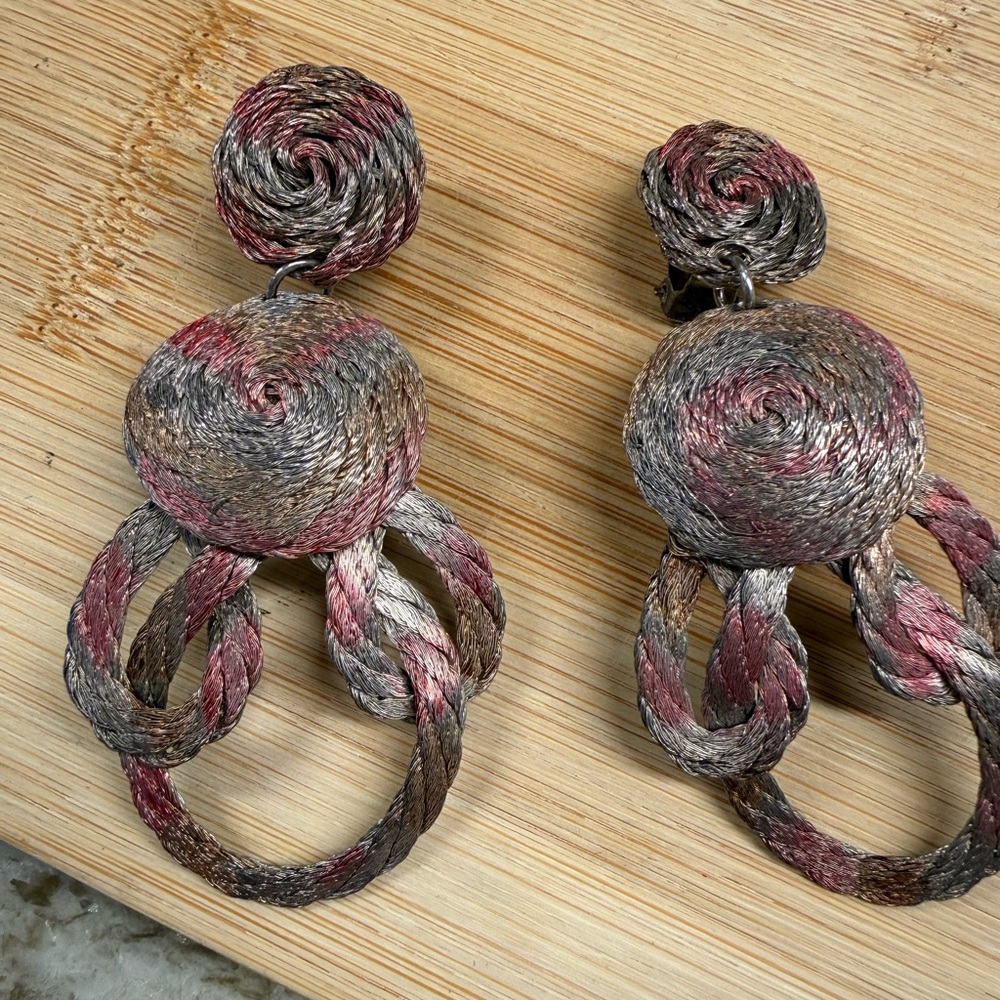 Boho Handwoven Wire Spiral Drop Earrings Multicolor Statement Clip On Artisan